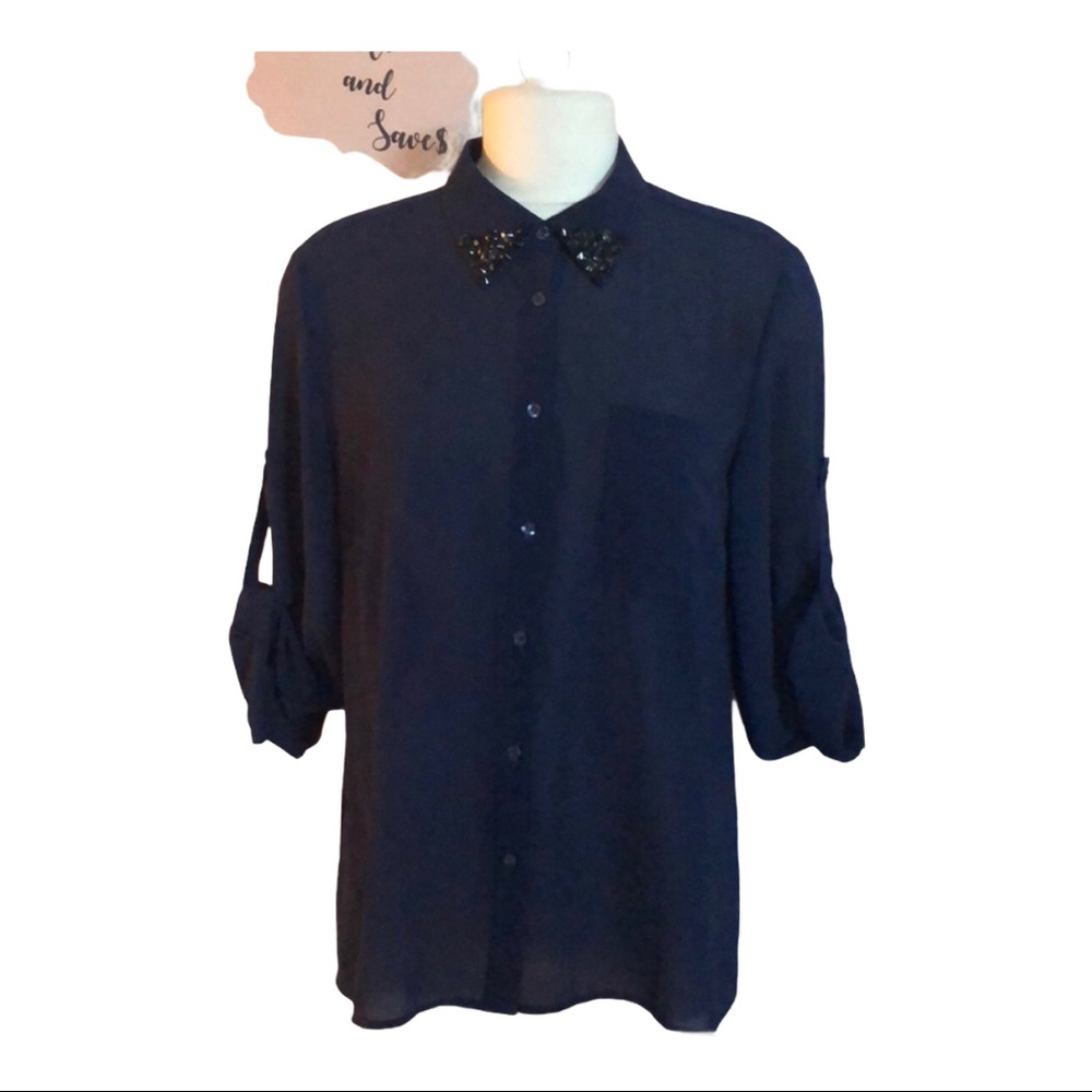 Moon Collection‎ Navy blue blouse black gem collar